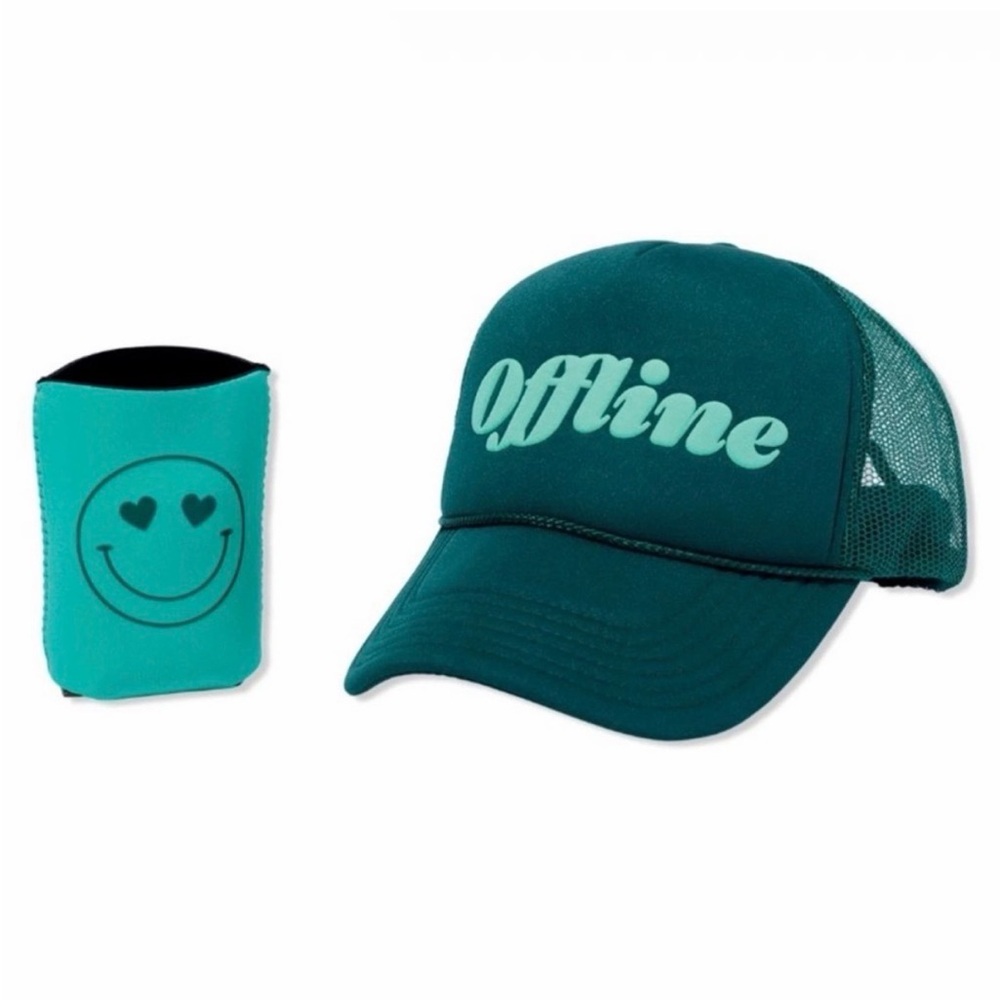 Green 'Offline' Trucker hat and Can Koozie - NIB 💚🧢